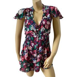 BCBGeneration Sheer Floral Tunic Blouse Womens 12 Flowy Boho Button Front Top